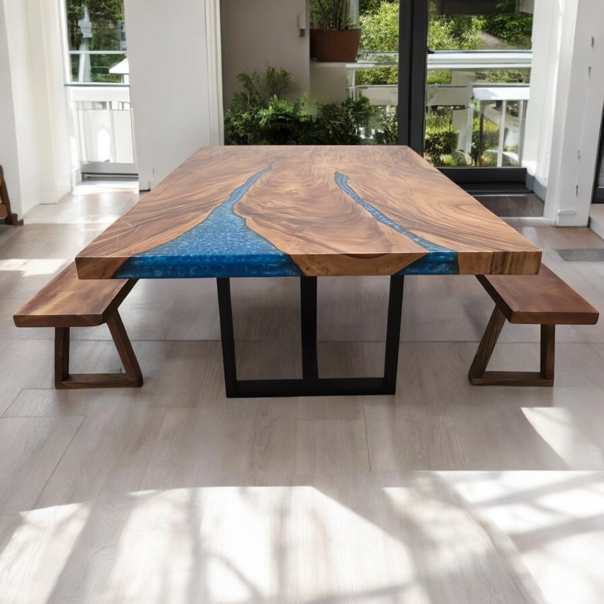 Tavolo da pranzo 210cm x 145cm in noce indiano orientale con bordo vivo e resina blu
